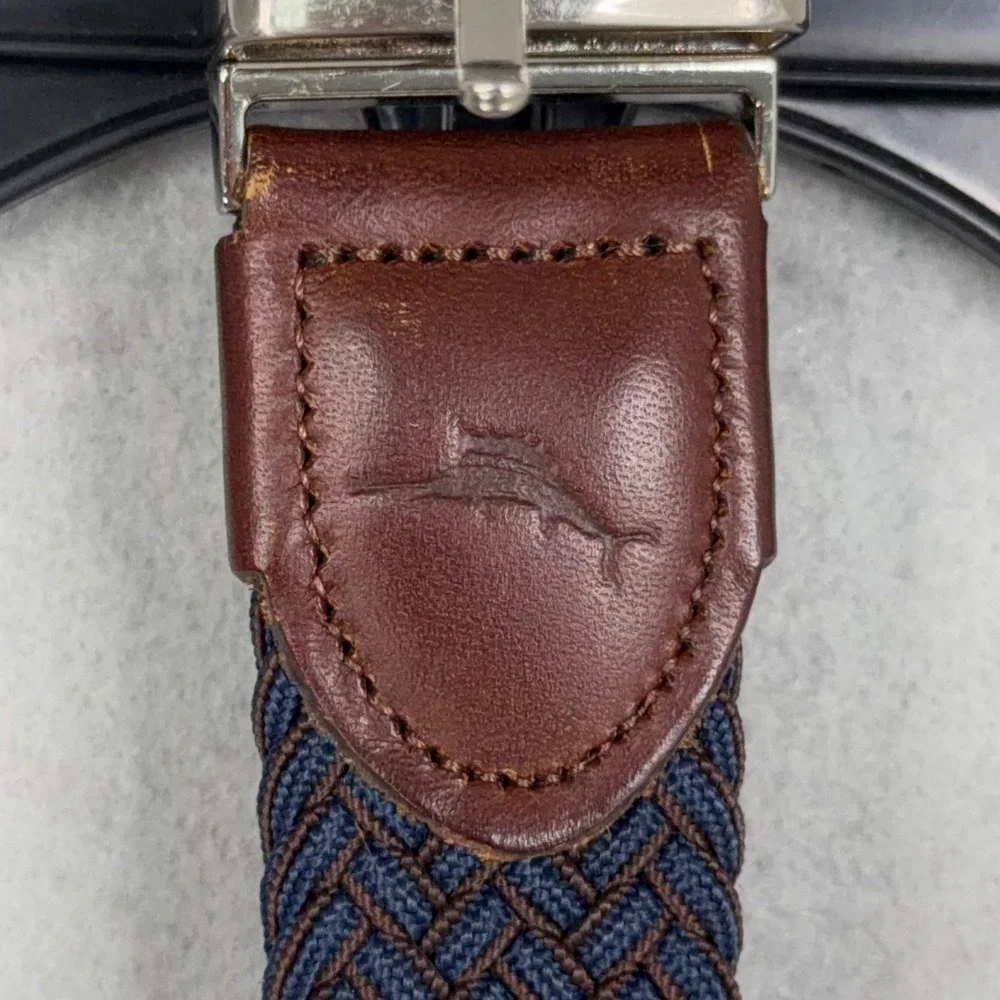 Tommy Bahama Belt Mens L/XL Blue Brown Braided Woven Leather Trim Casual Coastal